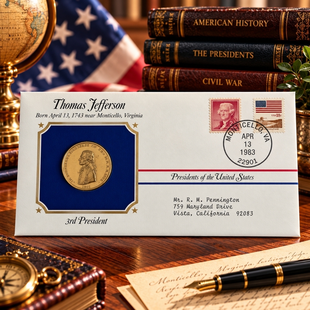 Thomas Jefferson 3rd President Postal Commemorative Society Gold Medal Cover